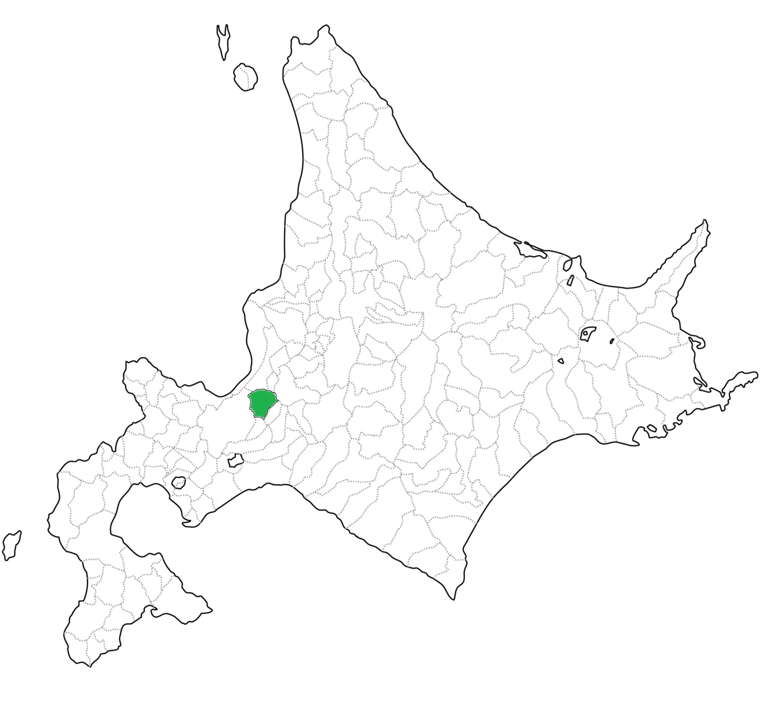 北海道の市町村境界を示した地図。江別市は緑色の部分。