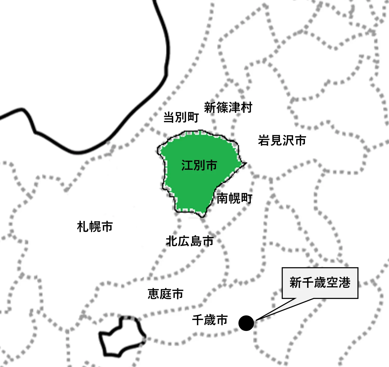 江別市の周辺市町村を示した拡大地図。